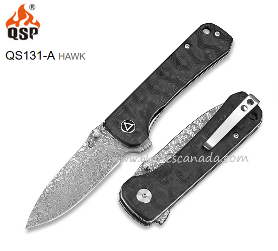 QSP Hawk Flipper Folding Knife, Damascus Steel, Carbon Fiber, QS131-A
